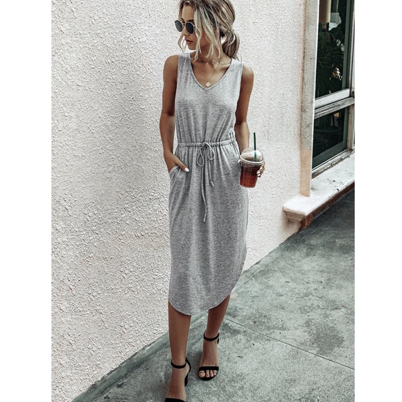 Rouge! Dresses & Skirts - Grey Drawstring Waist Midi Casual Dress